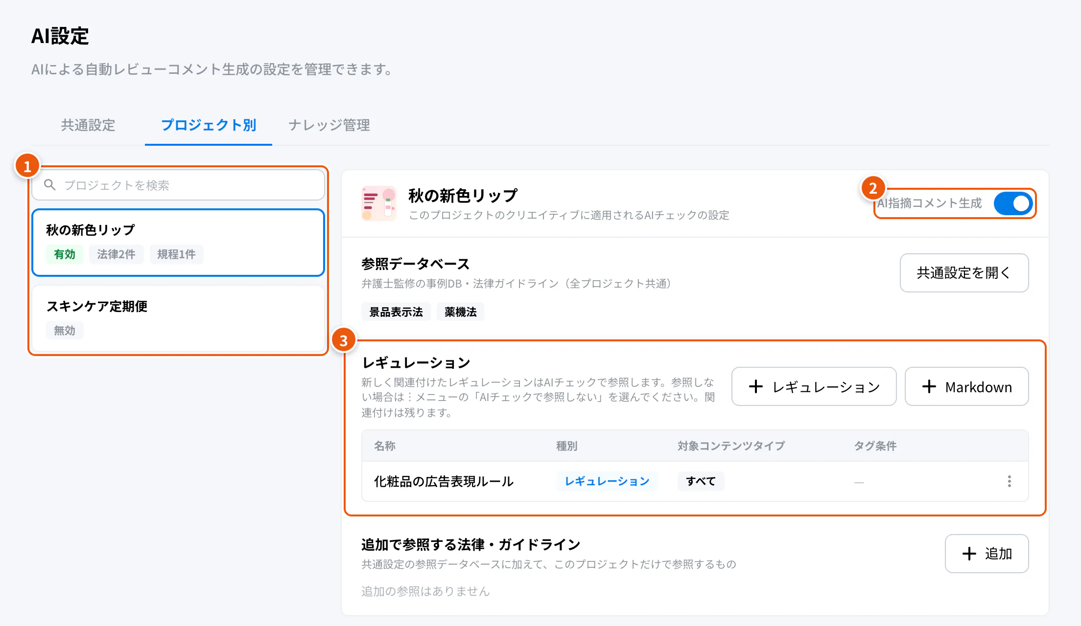 AI設定のプロジェクト別。①代理店が作ったプロジェクト ②このプロジェクトのAI指摘コメント生成 ③レギュレーション