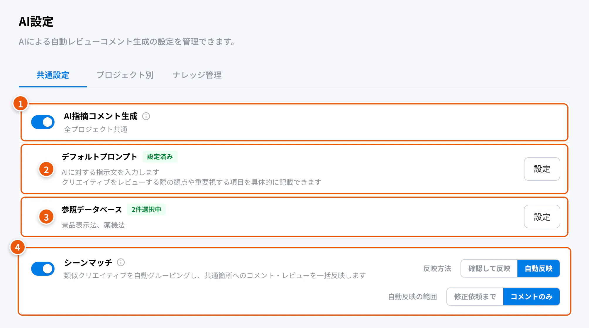AI設定の共通設定。①AI指摘コメント生成 ②デフォルトプロンプト ③参照データベース ④シーンマッチ