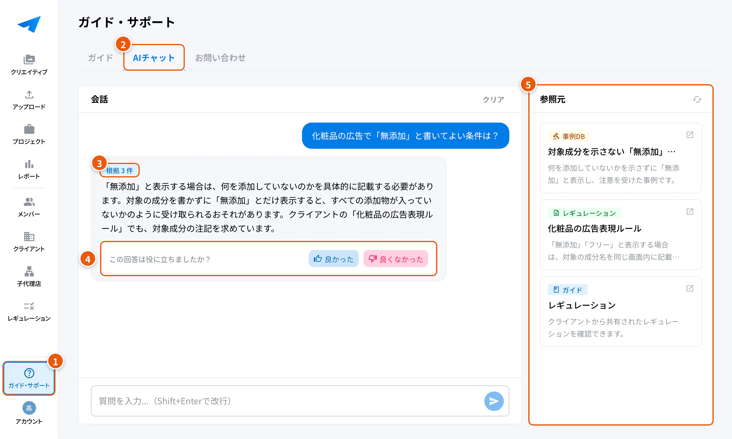 ガイド・サポートのAIチャット。①ガイド・サポート ②AIチャット ③根拠の件数 ④回答の評価 ⑤参照元