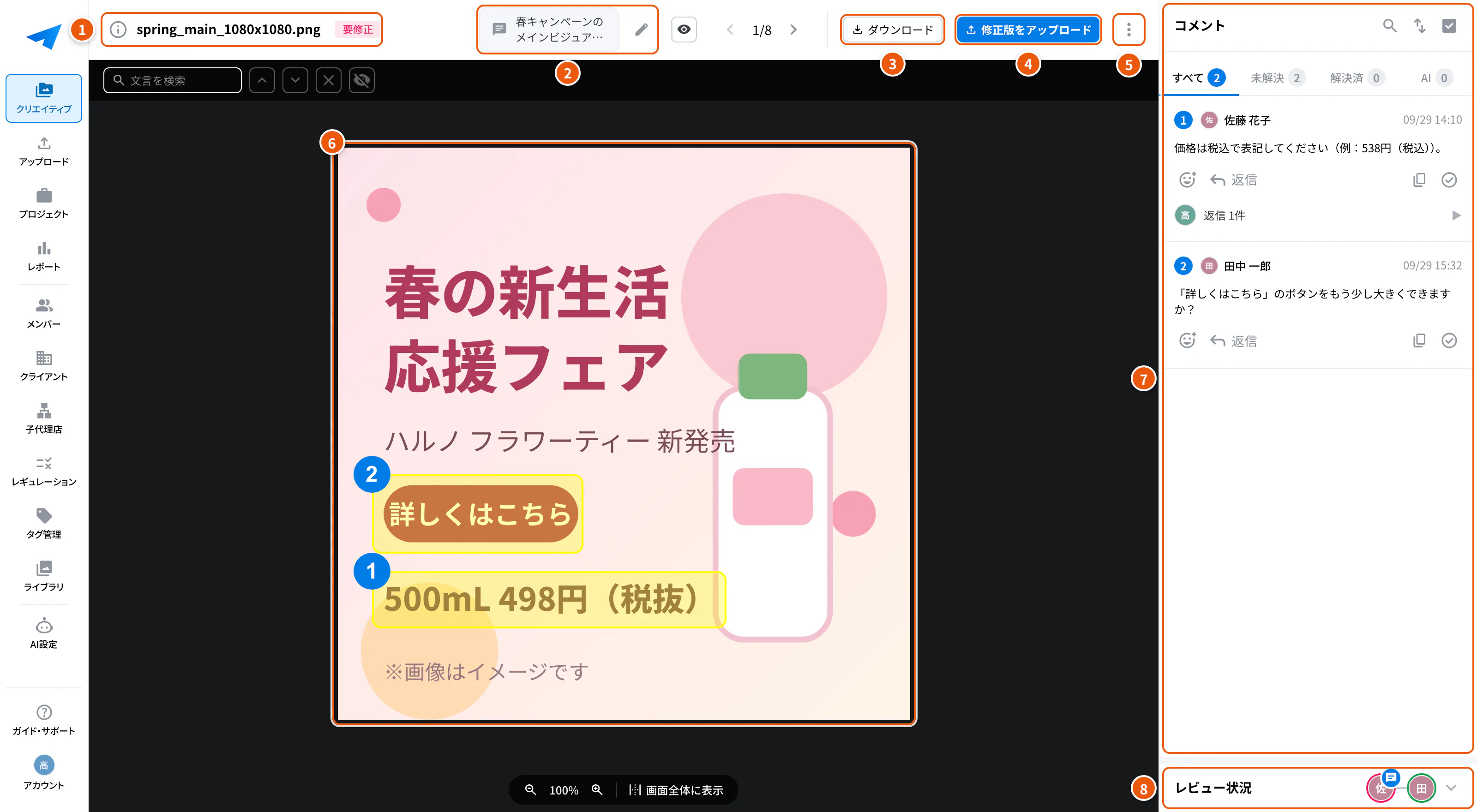 クリエイティブ詳細の全体。①クリエイティブ情報とステータス ②アップロードコメント ③ダウンロード ④修正版をアップロード ⑤そのほかの操作 ⑥プレビュー ⑦コメント ⑧レビュー状況