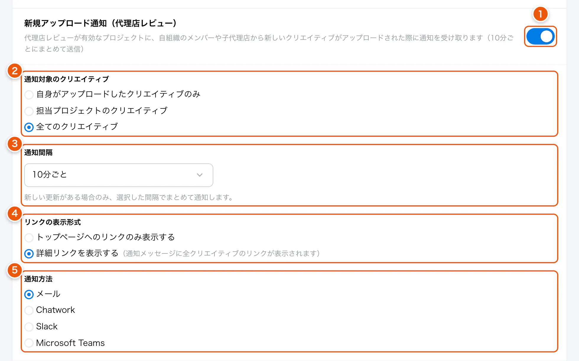 個人設定の新規アップロード通知（代理店レビュー）。①オン・オフ ②通知対象のクリエイティブ ③通知間隔 ④リンクの表示形式 ⑤通知方法