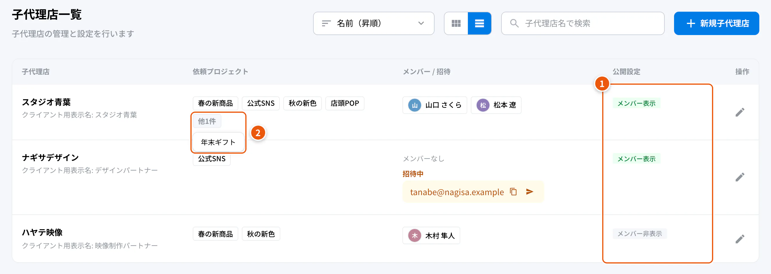 子代理店一覧のテーブル表示。①公開設定 ②他n件