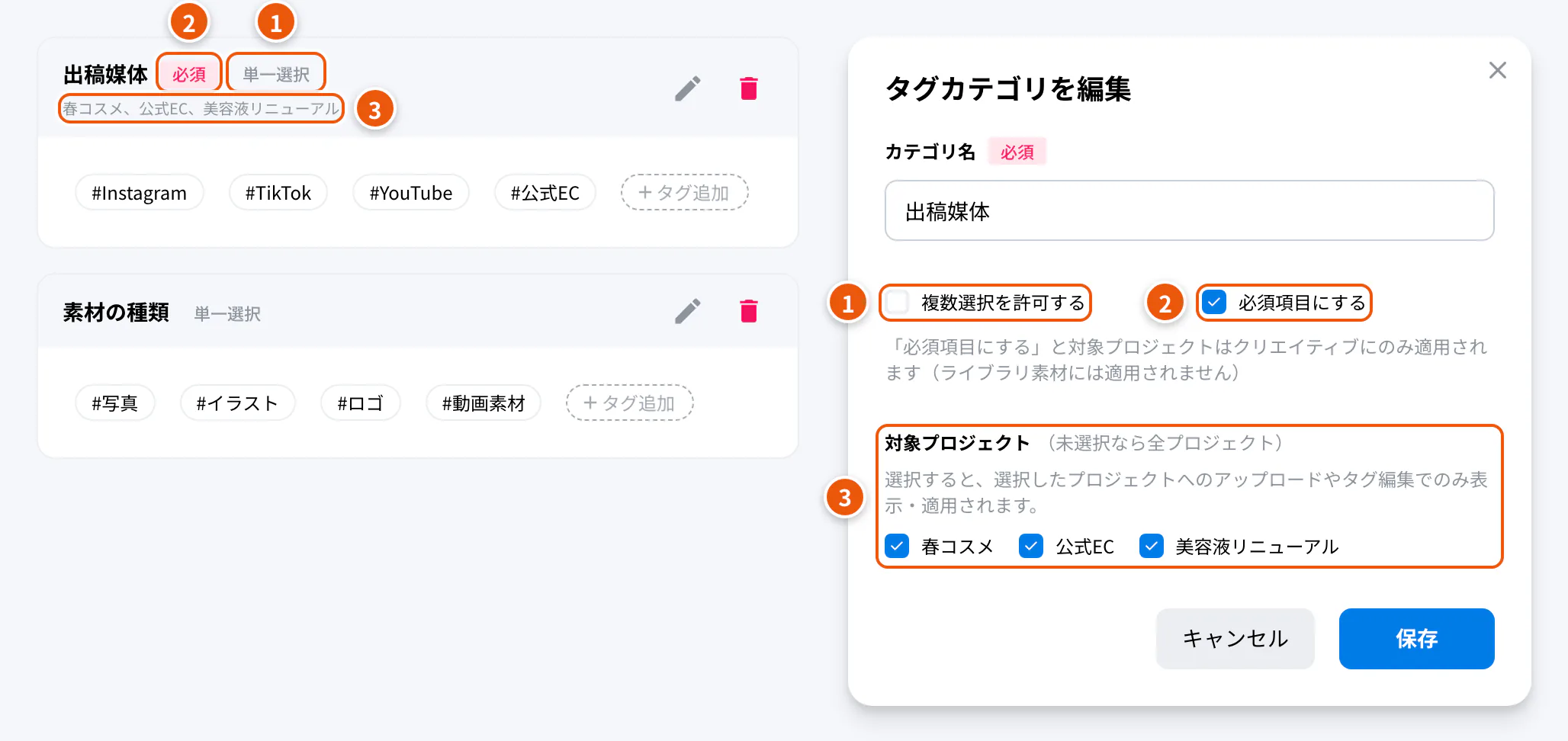 カテゴリのルールとラベル。①複数選択を許可する（オフで「単一選択」）②必須項目にする（「必須」）③対象プロジェクト（カテゴリ名の下に対象のプロジェクト名が並ぶ）
