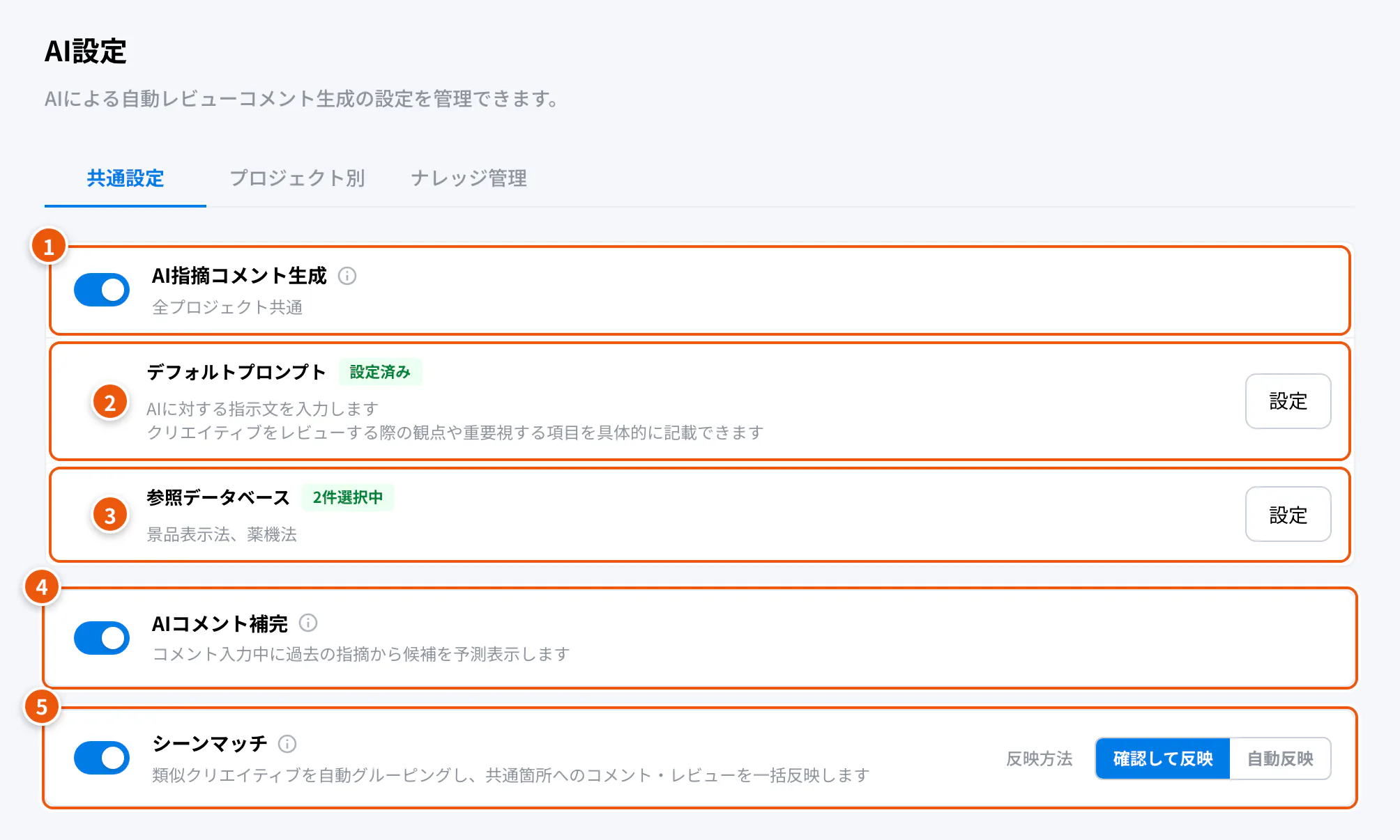 AI設定の共通設定。①AI指摘コメント生成 ②デフォルトプロンプト ③参照データベース ④AIコメント補完 ⑤シーンマッチ