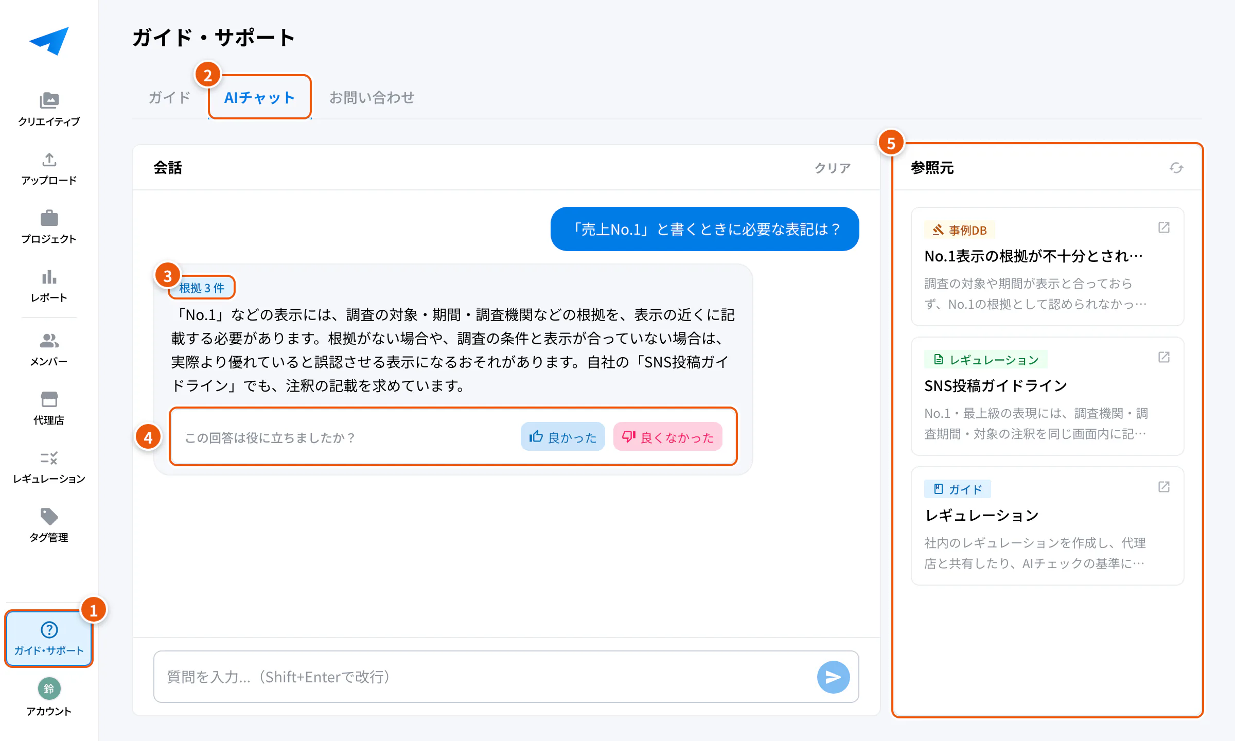 ガイド・サポートのAIチャット。①ガイド・サポート ②AIチャット ③根拠の件数 ④回答の評価 ⑤参照元