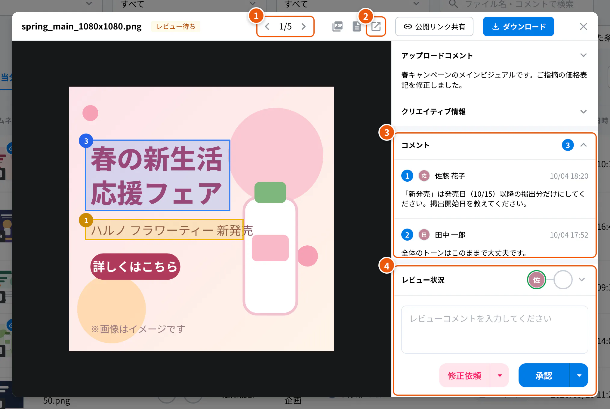 プレビュー。①前後のクリエイティブへ ②詳細画面を開く ③コメント ④レビュー