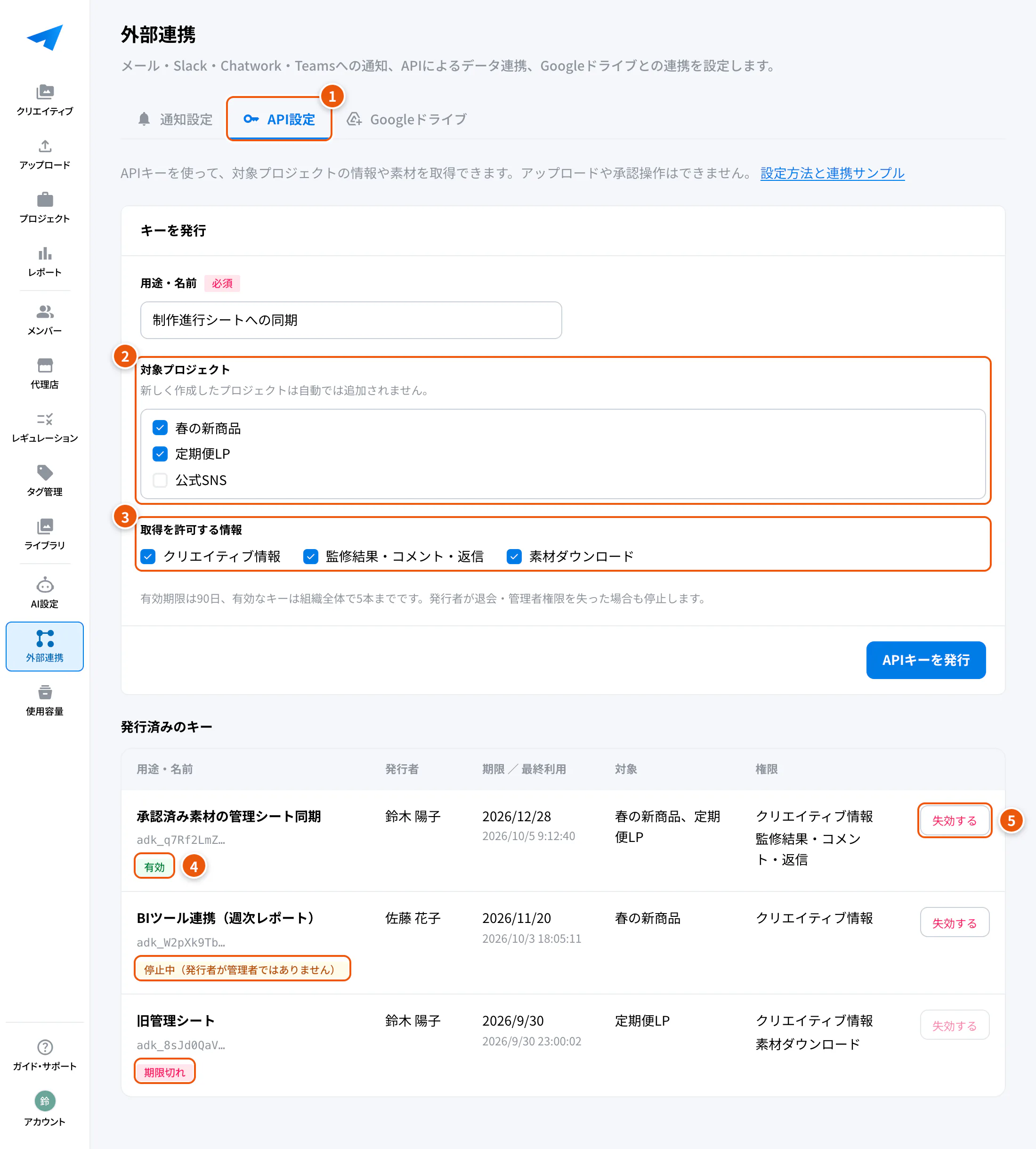 API設定の画面。①API設定 ②対象プロジェクト ③取得を許可する情報 ④キーの状態 ⑤失効する