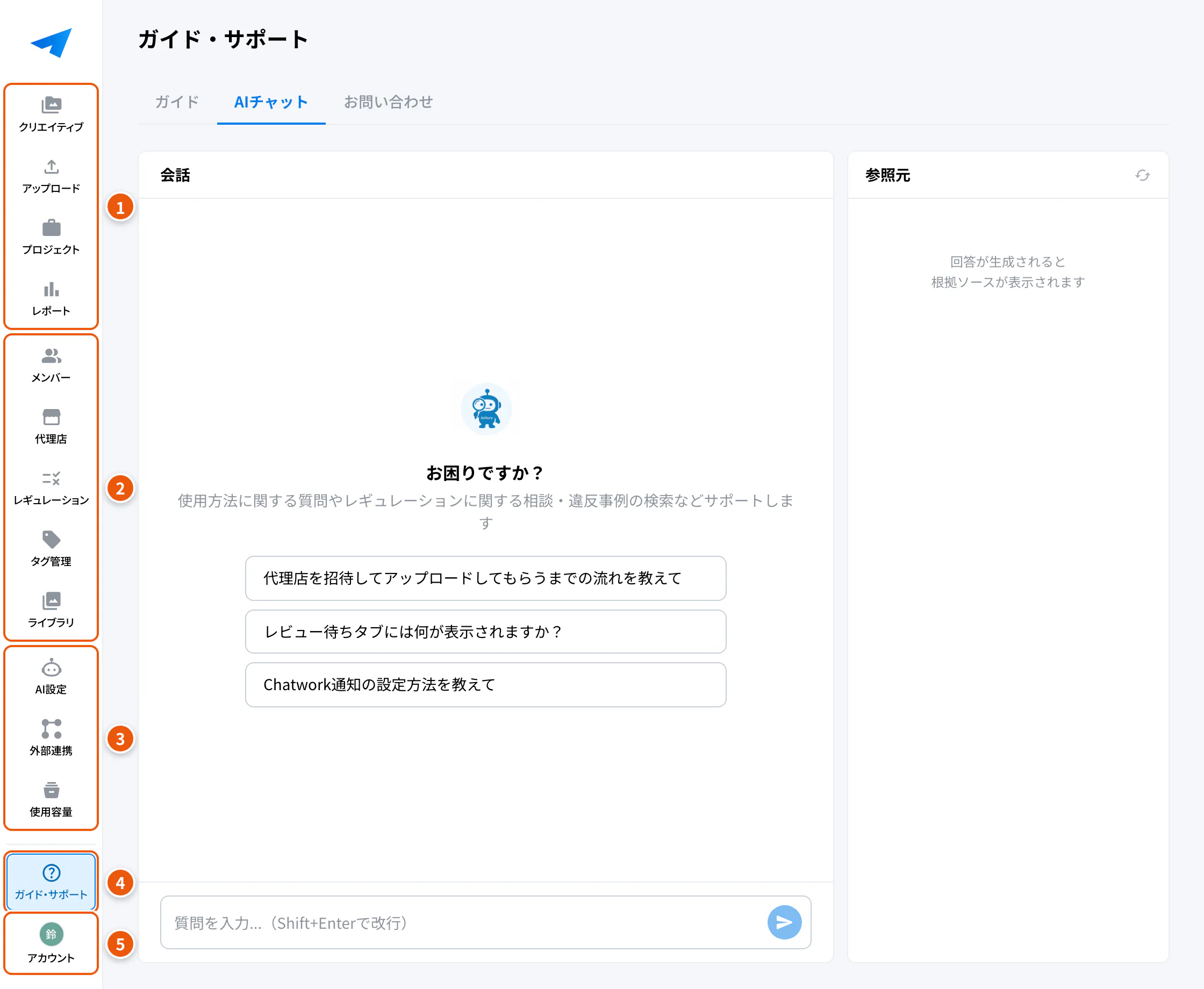 画面の構成。①メイン ②管理 ③設定 ④ガイド・サポート ⑤アカウント