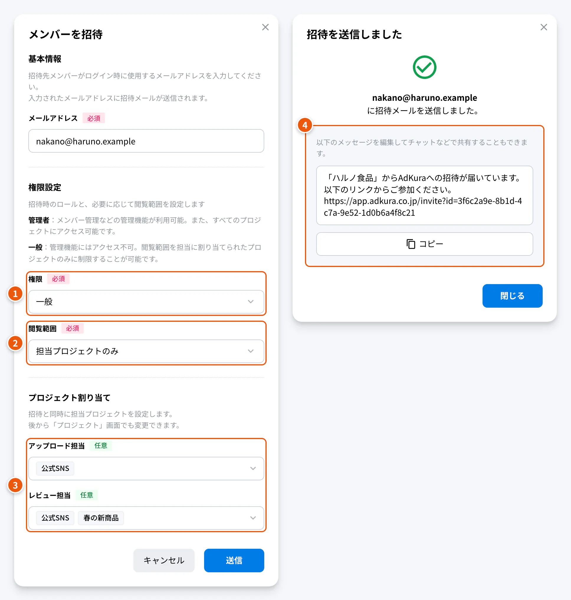 メンバーの招待と、送信後の招待メッセージ。①権限 ②閲覧範囲 ③アップロード担当・レビュー担当 ④招待メッセージ