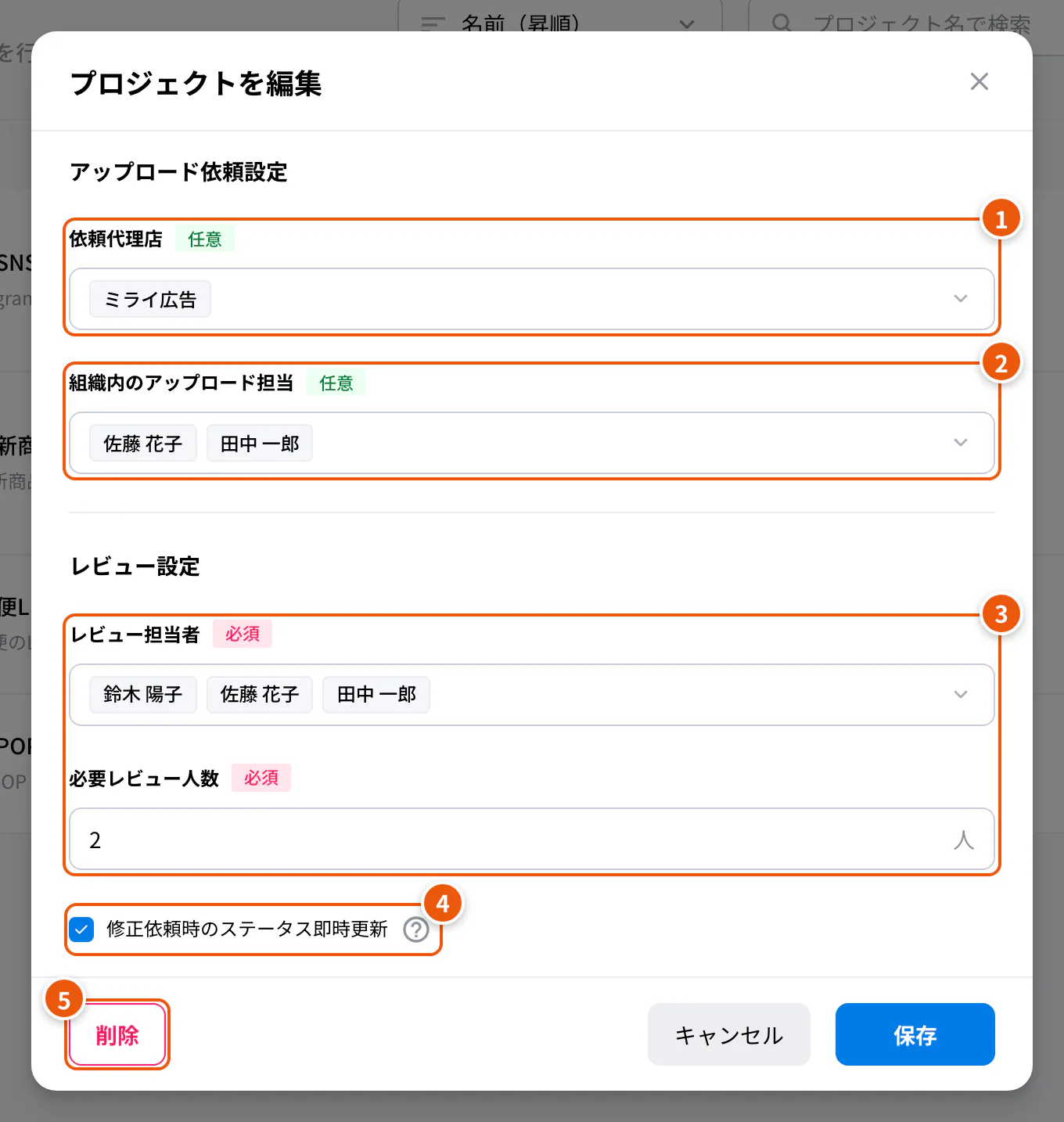 プロジェクトの編集画面（下までスクロールしたところ）。①依頼代理店 ②組織内のアップロード担当 ③レビュー担当者と必要レビュー人数 ④修正依頼時のステータス即時更新 ⑤削除