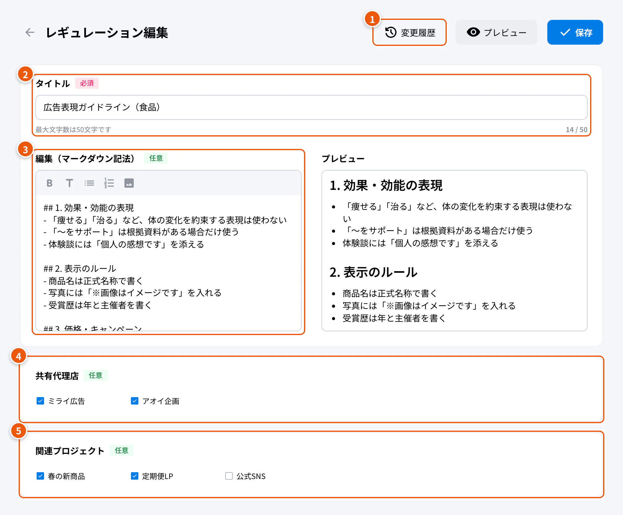 レギュレーションの編集画面。①変更履歴 ②タイトル ③本文 ④共有代理店 ⑤関連プロジェクト