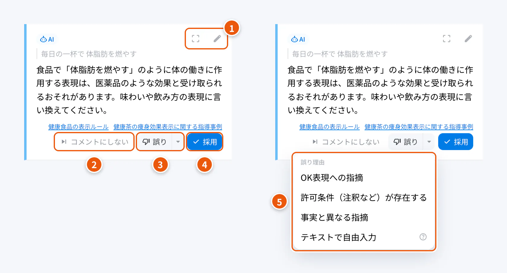 指摘への対応。①本文・範囲の編集 ②コメントにしない ③誤り ④採用 ⑤誤りの理由