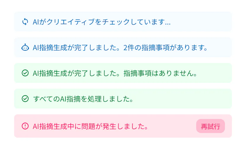 AIチェックの状態の表示。チェック中、完了して指摘あり、完了して指摘なし、すべて処理済み、問題が発生