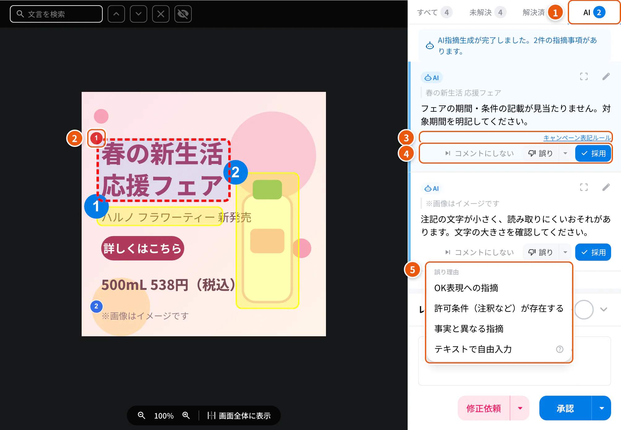 AIの指摘。①AIタブ ②プレビュー上の位置 ③参照 ④コメントにしない・誤り・採用 ⑤誤りの理由