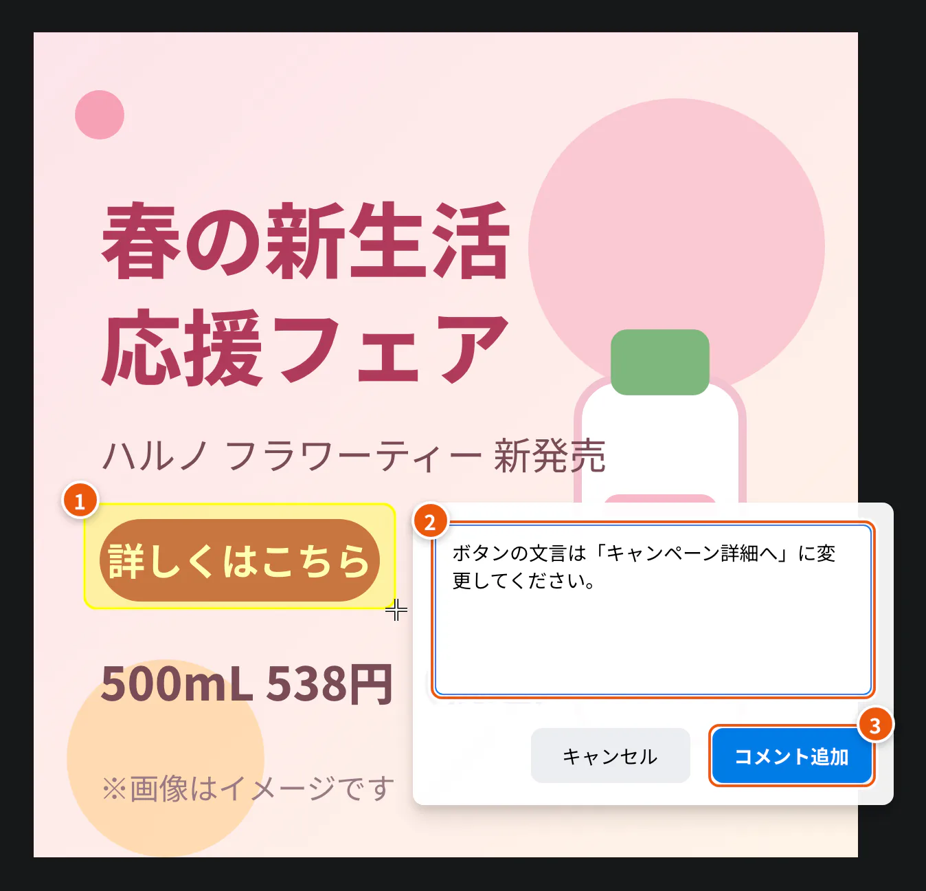 範囲を囲んでコメントする。①ドラッグで囲む ②コメントを入力 ③コメント追加