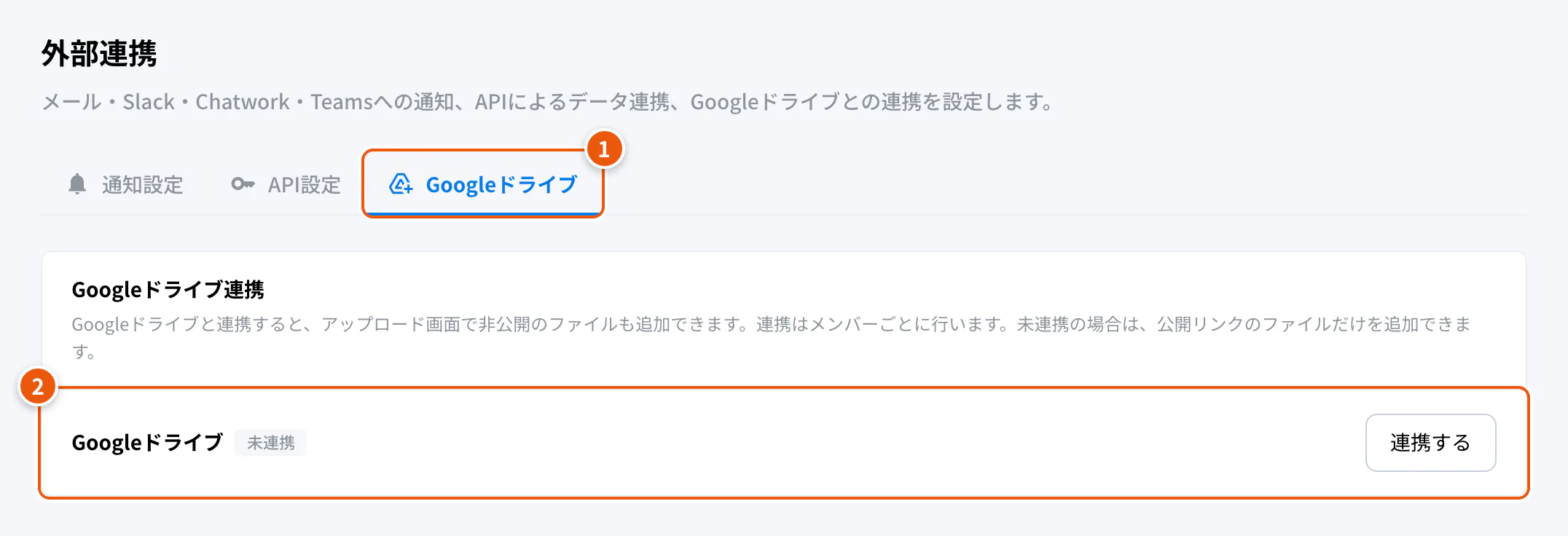 外部連携のGoogleドライブ。①Googleドライブのタブ ②連携する