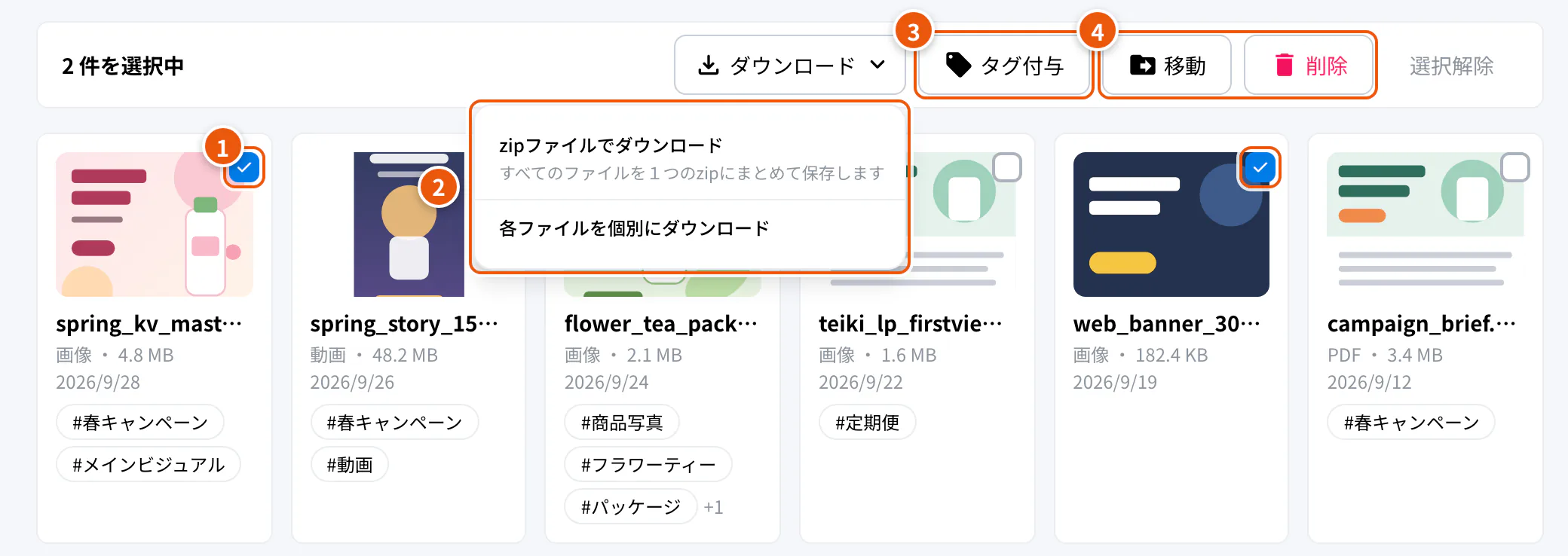 素材を選んだところ。①チェックボックス ②ダウンロード ③タグ付与 ④移動・削除