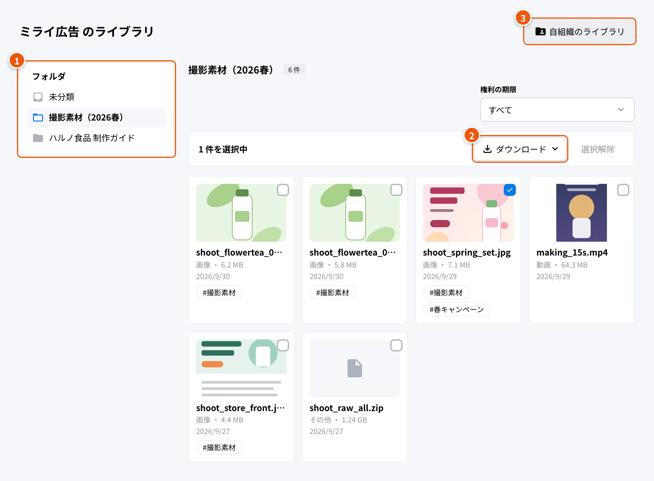 共有されたライブラリ。①共有されたフォルダ ②ダウンロード ③自組織のライブラリ