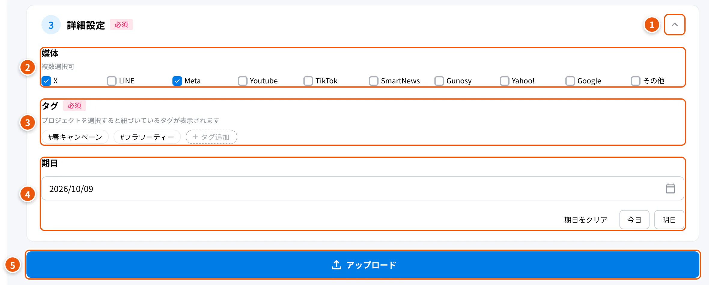 詳細設定を開いたところ。①開く・閉じる ②媒体 ③タグ ④期日 ⑤アップロード