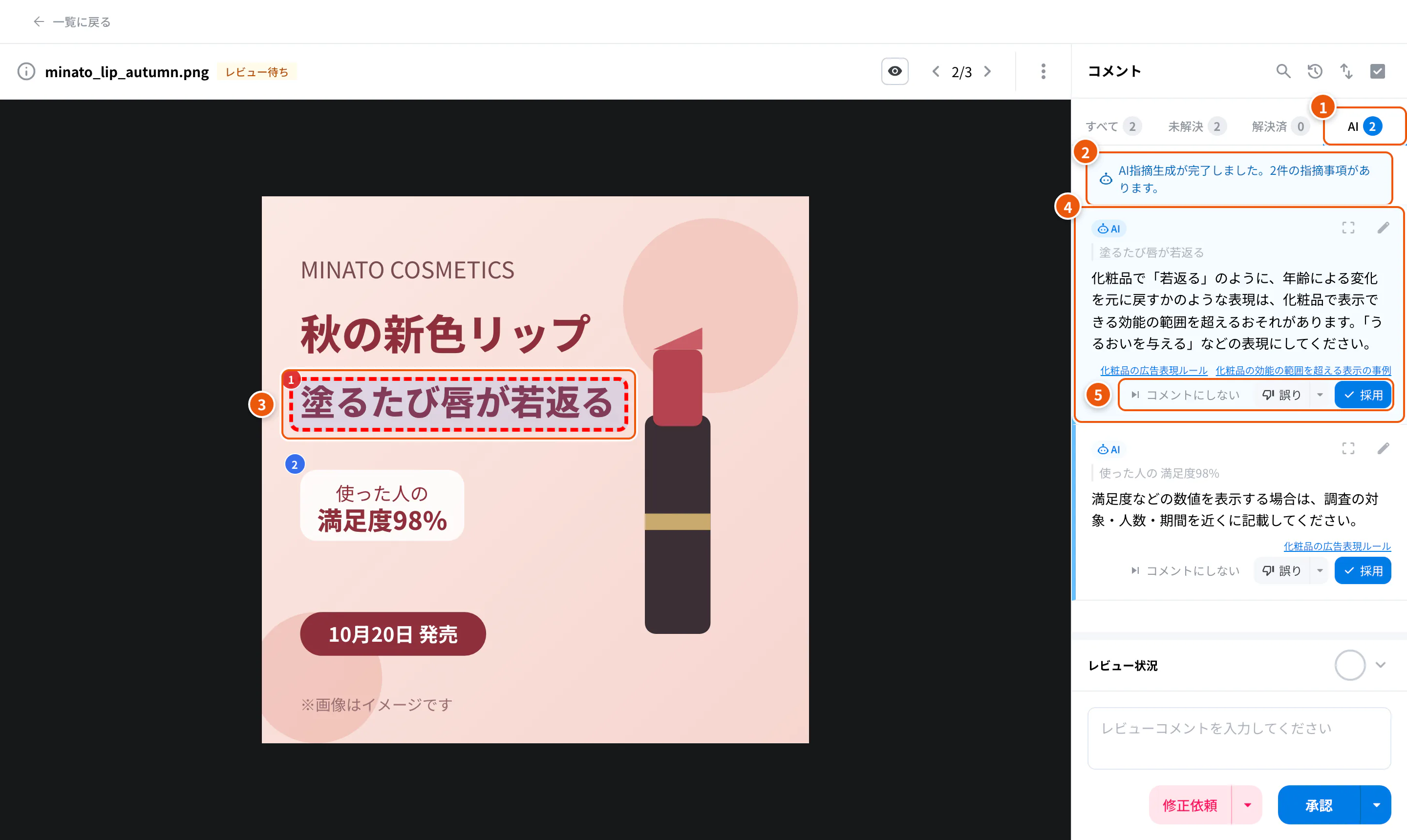 詳細画面のAIの指摘。①AIタブ ②AIチェックの状態 ③指摘の位置 ④指摘 ⑤採用・誤り・コメントにしない