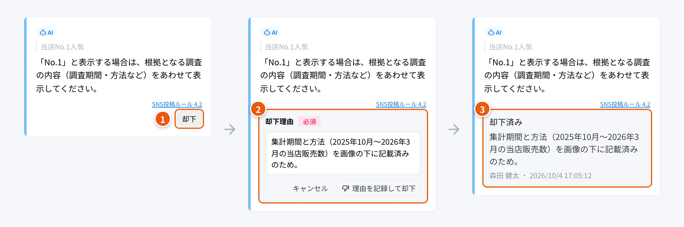 指摘の却下。①却下を押す ②却下理由を入力して記録 ③却下済みとして残る