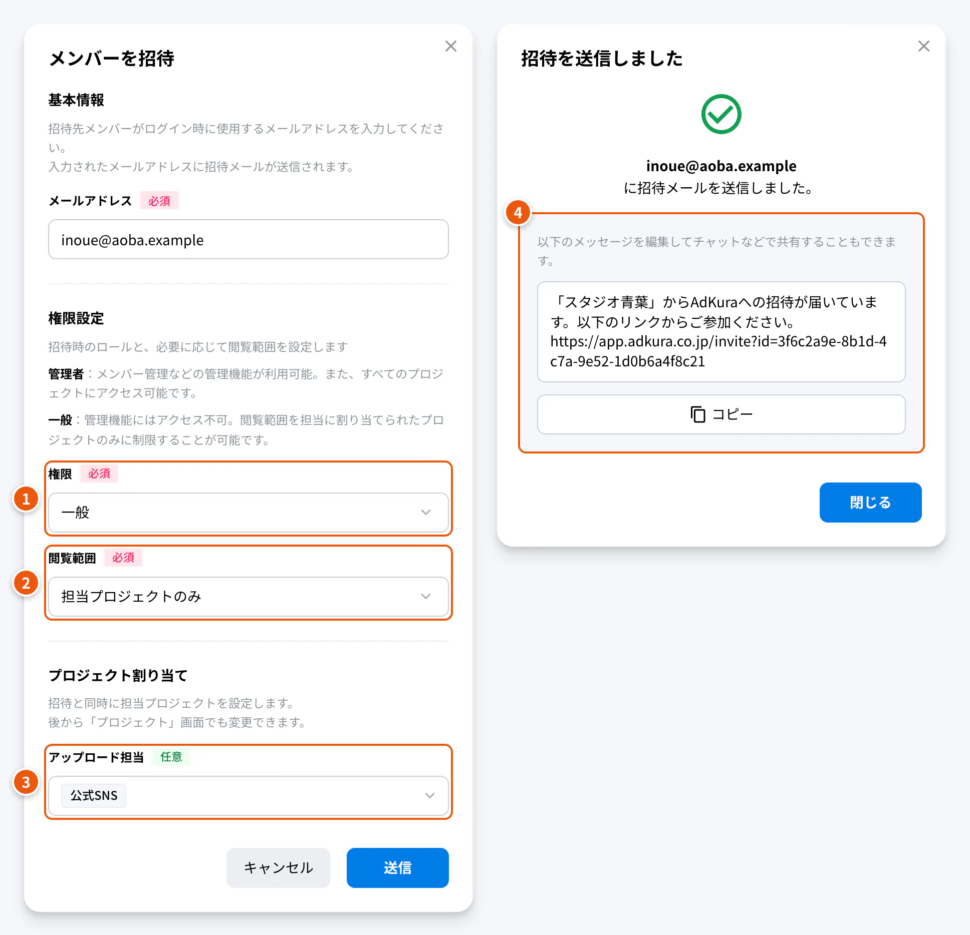 メンバーの招待と、送信後の招待メッセージ。①権限 ②閲覧範囲 ③アップロード担当 ④招待メッセージ