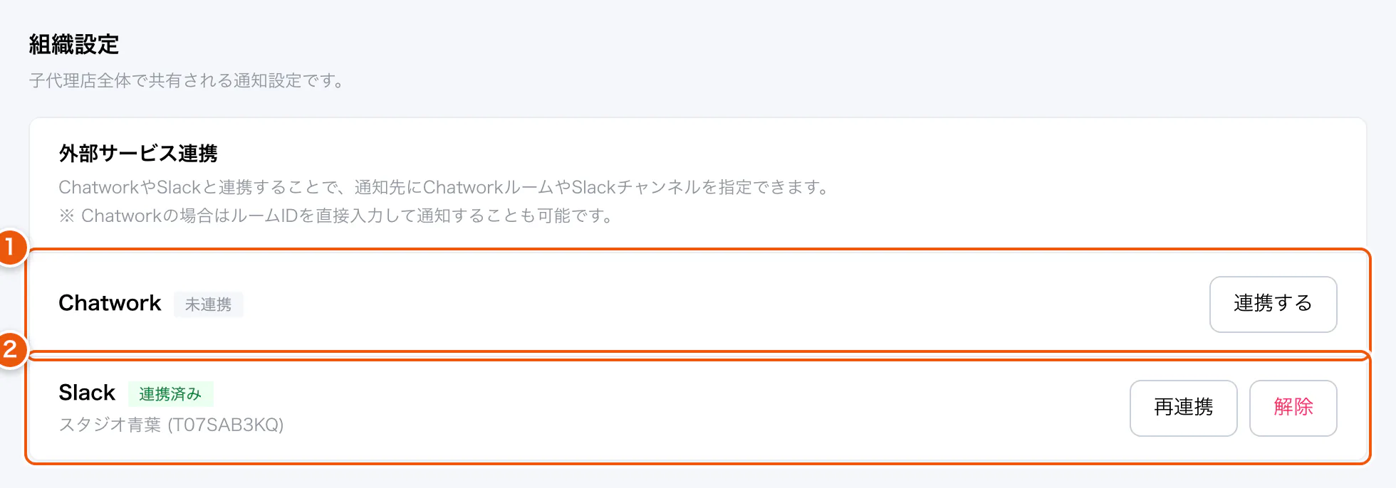 組織設定の外部サービス連携。①連携する ②連携済みのワークスペース