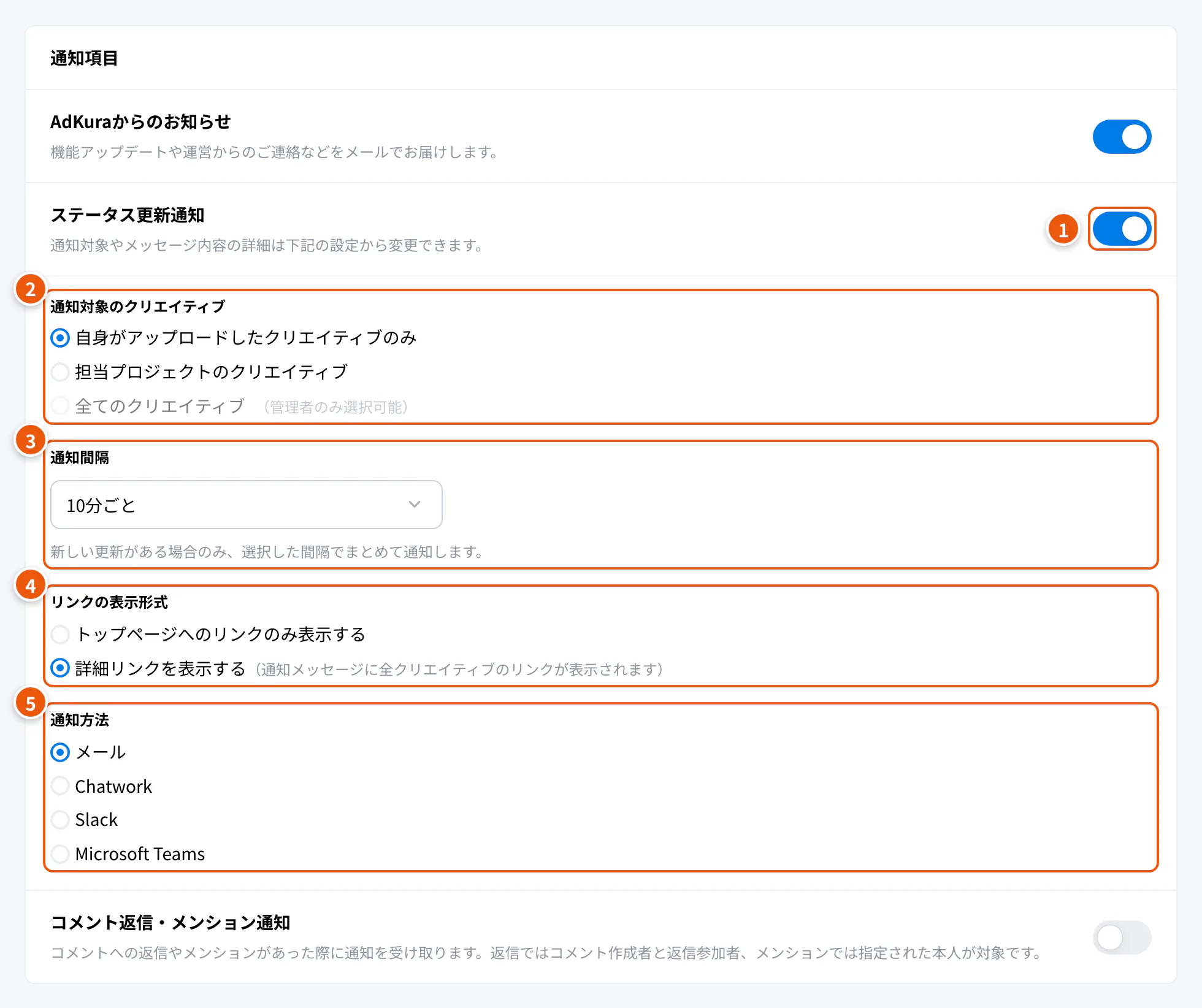 個人設定のステータス更新通知。①オン・オフ ②通知対象のクリエイティブ ③通知間隔 ④リンクの表示形式 ⑤通知方法