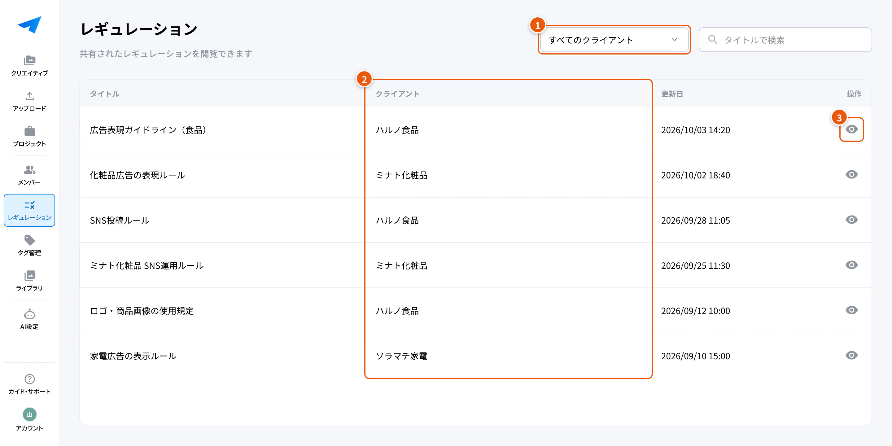 レギュレーション一覧。①クライアントで絞り込み ②クライアント ③内容を表示